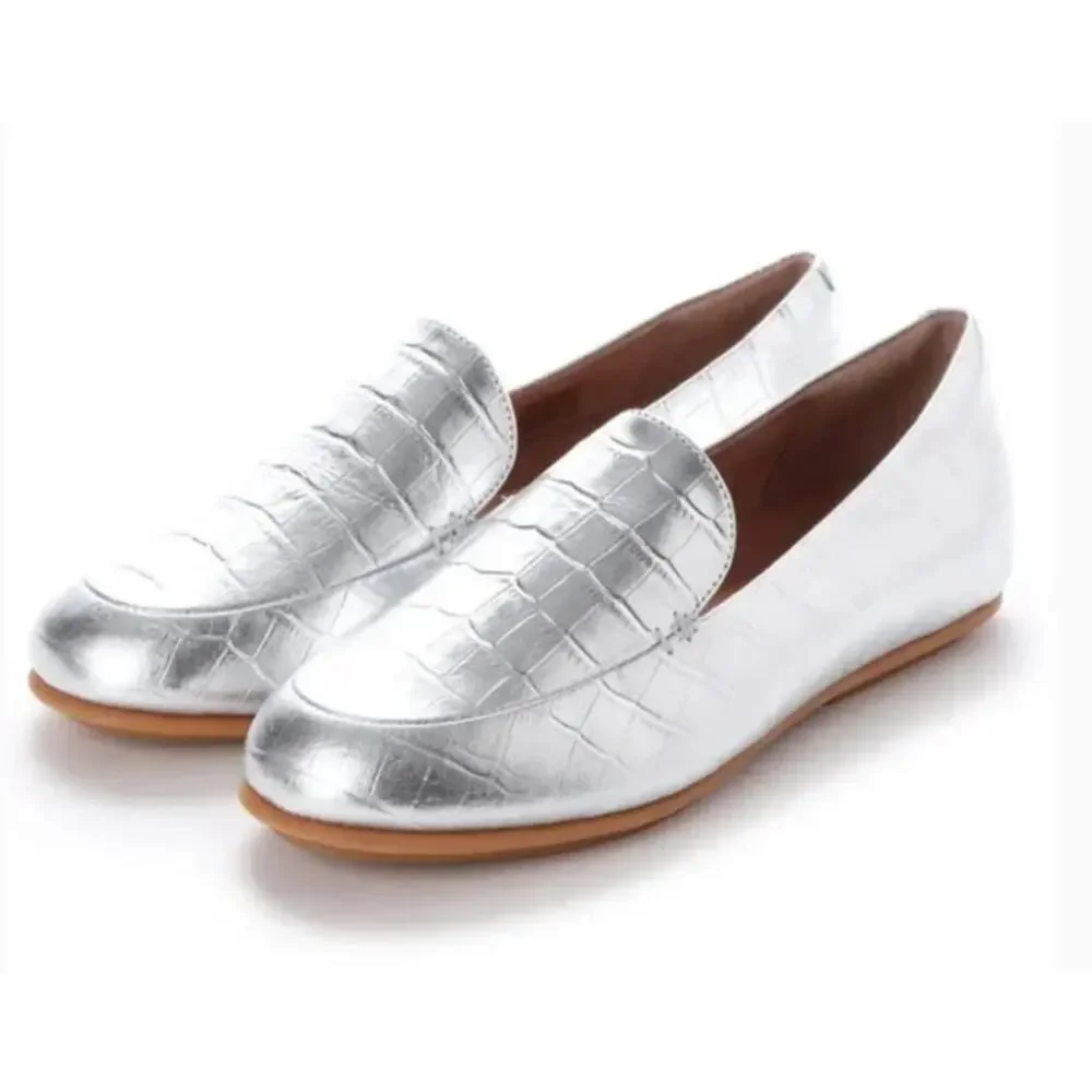 NWOT Fitflop Metallic Silver Croc-Embossed Slip-On Loafers.
